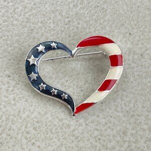 Vintage American Flag Heart Pin 80s NRT Silver Tone Metal & Enamel USA